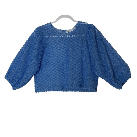Zara Top Women's Small Blue‎ Floral Roae Bud Tulle Puff Sleeve Cropped Formal - Picture 2 of 11